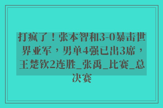 打疯了！张本智和3-0暴击世界亚军，男单4强已出3席，王楚钦2连胜_张禹_比赛_总决赛